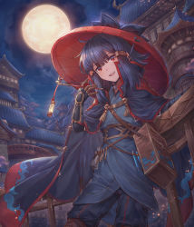 Rule 34 | 1girl, :d, absurdres, architecture, bag, black hair, blue sky, cloud, cloudy sky, cowboy shot, east asian architecture, full moon, gauntlets, hair ornament, hat, highres, holding, kiseru, looking at viewer, moon, night, open mouth, original, outdoors, pants, red eyes, rice hat, sash, shichigatsu, shoulder bag, sky, smile, smoking pipe, solo, standing