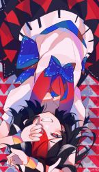 Rule 34 | 1girl, bad id, bad twitter id, black hair, black skirt, blue bow, blue bowtie, blush, bow, bowtie, bracelet, collarbone, commentary, cowboy shot, grin, hands up, highres, jewelry, kijin seija, looking at viewer, multicolored clothes, multicolored hair, multicolored skirt, one eye closed, red eyes, red hair, red skirt, shirt, skirt, smile, solo, streaked hair, teeth, touhou, umemaro (siona0908), upside-down, waist bow, white hair, white shirt, white skirt