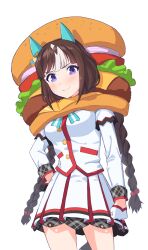 Rule 34 | 1girl, absurdres, animal ears, asymmetrical gloves, banpunsik, black gloves, blush, braid, breasts, brown hair, burger, clenched hands, closed mouth, commentary request, cowboy shot, food, food on head, gloves, hand on own hip, highres, hokko tarumae (umamusume), horse ears, horse girl, horse tail, jacket, long hair, long sleeves, medium breasts, mismatched gloves, multicolored hair, no headwear, object on head, plaid, plaid skirt, purple eyes, skirt, smile, solo, streaked hair, tail, twin braids, umamusume, very long hair, white gloves, white hair, white jacket