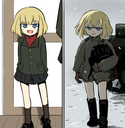 Rule 34 | 2girls, before and after, black footwear, black gloves, black headwear, black skirt, black socks, blonde hair, blue eyes, bob cut, boots, commentary, fang, girls und panzer, glaring, gloves, green jacket, green jumpsuit, grey sky, grimace, half-closed eyes, unworn headwear, helmet, unworn helmet, highres, holding, holding helmet, indoors, jacket, jumpsuit, katyusha (girls und panzer), loafers, long sleeves, looking at viewer, military, military uniform, military vehicle, miniskirt, motor vehicle, multiple girls, multiple views, open mouth, outdoors, overcast, pleated skirt, ponita-poniponi, pravda military uniform, pravda school uniform, red shirt, runny nose, school uniform, shadow, shirt, shoes, short hair, short jumpsuit, skin fang, skirt, sky, smile, snot, snow, snowing, socks, standing, symbol-only commentary, tank, tank helmet, turtleneck, uniform, walking, wooden floor