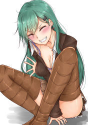 Rule 34 | 1girl, absurdres, aqua hair, ascot, blush, bra, breasts, brown skirt, brown thighhighs, cardigan, cleavage, closed eyes, earrings, grin, hair ornament, hairclip, highres, indian style, jewelry, kantai collection, long hair, medium breasts, open cardigan, open clothes, remodel (kantai collection), riyo (ryon 96), school uniform, sitting, sketch, skirt, smile, solo, suzuya (kancolle), teeth, thighhighs, underwear