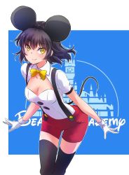 Rule 34 | 1girl, animal ears, black hair, black thighhighs, blake belladonna, bow, bowtie, breasts, cleavage cutout, clothing cutout, cosplay, disney, gloves, highres, iesupa, mickey mouse, mickey mouse (cosplay), mickey mouse ears, mouse ears, mouse tail, red shorts, rwby, short hair, shorts, solo, suspenders, tail, thighhighs, yellow bow, yellow bowtie, yellow eyes