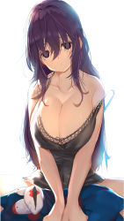 Rule 34 | 1girl, :&lt;, bebe-tan, black tank top, breasts, breasts squeezed together, cleavage, closed mouth, commentary request, empty eyes, hair between eyes, highres, holding, holding stuffed toy, huge breasts, long hair, looking at viewer, murasaki (senran kagura), off shoulder, purple eyes, purple hair, senran kagura, simple background, sitting, solo, stuffed toy, tank top, very long hair, white background, yaegashi nan