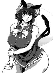 Rule 34 | 1girl, animal ears, bare shoulders, blush, breasts, cat ears, cat tail, chen, curvy, hat, highres, huge breasts, ichigo kotou, looking at viewer, parted lips, plump, smile, solo, squatting, tail, thick thighs, thighs, touhou, wide hips