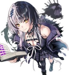 Rule 34 | 1girl, black choker, black hair, black nails, book, breasts, choker, cleavage, dress, fur trim, gloves, hair ornament, holding, holding book, hololive, hololive english, large breasts, light smile, long hair, looking at viewer, multicolored hair, shiori novella, shiori novella (1st costume), solo, split-color hair, striped clothes, striped gloves, tight (ohmygod), two-tone hair, virtual youtuber, white hair, yellow eyes, yorick (shiori novella)