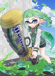 Rule 34 | 1girl, absurdres, amakusa setoka, bike shorts, blue eyes, chain-link fence, commentary, decavitator (splatoon), fence, glasses, green hair, highres, holding, holding sword, holding weapon, inkling, inkling girl, inkling player character, knees together feet apart, lensless glasses, long hair, nintendo, paint, pointy ears, shoes, solo, splatoon (series), splatoon 3, sword, tentacle hair, weapon