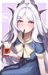 1girl absurdres ahoge arm_at_side belt_around_waist black_horns blue_archive blue_dress blush bow dress food food_in_mouth hair_between_eyes hair_ornament hairpin heart highres hina_(blue_archive) holding holding_food horns oiru_(613) pocky pocky_day pocky_in_mouth purple_background purple_eyes purple_horns sitting solo spoken_heart white_hair