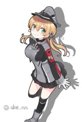 Rule 34 | 1girl, ahenn, anchor hair ornament, anchor ornament, aqua eyes, black skirt, blonde hair, breasts, commentary, cross, gloves, grey hat, hair ornament, hat, iron cross, kantai collection, long hair, low twintails, medium breasts, microskirt, military hat, military uniform, over-kneehighs, peaked cap, pleated skirt, prinz eugen (kancolle), shadow, simple background, skirt, smile, solo, thighhighs, twintails, twitter username, uniform, white background, white gloves