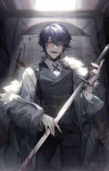 Rule 34 | 1boy, bandaged hand, bandages, black pants, blood, blood on face, blood on hands, bloody weapon, chinese commentary, collared shirt, commentary request, dated, fangs, gift art, hair between eyes, highres, holding, holding sword, holding weapon, jacket, kenmochi touya, long sleeves, looking at viewer, male focus, medium hair, nijisanji, open mouth, pants, purple hair, red eyes, shirt, solo, standing, sword, virtual youtuber, weapon, white shirt, yusa (yusa0751)