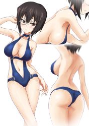Rule 34 | 10s, 1girl, arm up, ass, back, backboob, bad id, bad twitter id, bare arms, bare legs, bare shoulders, black hair, blue one-piece swimsuit, breasts, brown eyes, cleavage, from behind, gin&#039;you haru, girls und panzer, highres, inactive account, kawashima momo, large breasts, looking at viewer, lying, monocle, multiple views, navel, on stomach, one-piece swimsuit, sideboob, simple background, swimsuit, thigh gap, white background