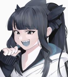Rule 34 | 1girl, artemis of the blue, atelier live, bad id, bad twitter id, black eyes, black hair, blue tongue, colored tongue, commentary, english commentary, highres, indie virtual youtuber, kumaartsu, open mouth, ponytail, shark girl, sharp teeth, solo, teeth, virtual youtuber