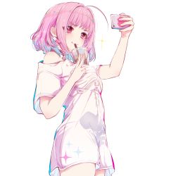 Rule 34 | 1girl, ahoge, aozora saishiki, bare shoulders, blue hair, bubble tea, bubble tea challenge, cellphone, drinking straw, drinking straw in mouth, earrings, highres, holding, holding phone, idolmaster, idolmaster cinderella girls, jewelry, multicolored hair, off shoulder, phone, pill earrings, pink eyes, pink hair, selfie, shirt, short hair, short sleeves, simple background, solo, t-shirt, two-tone hair, v, white background, yumemi riamu