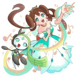 Rule 34 | 1girl, :d, arm up, arutarika (ri kaoekaki), bright pupils, brown hair, collarbone, commentary request, creatures (company), dress, floating hair, from above, game freak, gen 5 pokemon, green dress, green eyes, hand up, legendary pokemon, long hair, looking at viewer, meloetta, meloetta (aria), musical note, mythical pokemon, nintendo, official alternate costume, open mouth, pokemon, pokemon (creature), pokemon masters ex, rosa (champion) (pokemon), rosa (pokemon), smile, strapless, strapless dress, teeth, tiara, twintails, upper teeth only, white background, white pupils