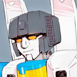 Rule 34 | 1980s (style), 1boy, decepticon, grey background, highres, looking at viewer, machine, machinery, male focus, mecha, no humans, retro artstyle, p.shot, retro artstyle, robot, smile, solo, thundercracker, transformers, upper body, yellow eyes