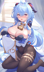 Rule 34 | 1girl, absurdres, ahoge, bare shoulders, bell, black gloves, black leotard, blue hair, blush, breasts, clothes lift, curtains, detached sleeves, ganyu (genshin impact), genshin impact, gloves, goat horns, heart, heart-shaped pupils, highres, horns, kuroida, large breasts, leotard, lifted by self, long hair, looking at viewer, low ponytail, neck bell, open mouth, pantyhose, pelvic curtain, pelvic curtain lift, purple eyes, raised eyebrows, saliva, sitting, solo, symbol-shaped pupils, thighlet, tongue, tongue out, torn clothes, torn leotard, very long hair, wavy hair, wet, window, window blinds, yokozuwari