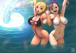 Rule 34 | 2girls, armpits, arms up, bikini, blonde hair, blue eyes, breasts, brown eyes, brown hair, cleavage, fang, lens flare, multiple girls, navel, ocean, open mouth, original, partially submerged, pointy ears, shiny skin, short hair, side ponytail, slingshot swimsuit, smile, swimsuit, waves, yasumori zen