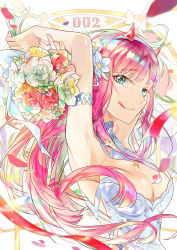 Rule 34 | 10s, 1girl, absurdres, aqua eyes, armpits, arms up, bare shoulders, bouquet, breasts, cleavage, darling in the franxx, dress, flower, hairband, highres, horns, jessie6533, nib pen (medium), pink hair, red horns, sleeveless, sleeveless dress, solo, tongue, tongue out, traditional media, wedding dress, white hairband, zero two (darling in the franxx)
