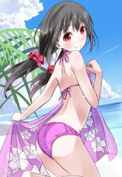 Rule 34 | 10s, 1girl, ass, beach, bikini, black hair, from behind, long hair, looking back, love live!, love live! school idol project, low twintails, neginuta, red eyes, smile, solo, swimsuit, twintails, yazawa nico