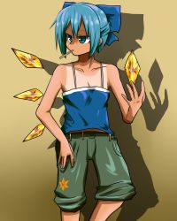 Rule 34 | 1girl, alternate costume, blue eyes, blue hair, casual, cirno, contemporary, frown, hair ribbon, highres, popsicle stick, ribbon, riicha, short hair, shorts, solo, spaghetti strap, tan, tanline, tanned cirno, touhou, wings