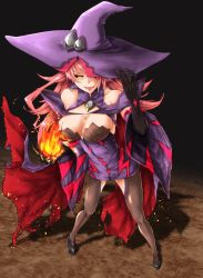 Rule 34 | 1girl, absurdres, arc system works, bare shoulders, black background, black sclera, blazblue, blazblue: central fiction, breasts, cape, cleavage, colored sclera, detached sleeves, dress, fangs, fire, gloves, hair over one eye, hat, high heels, highres, konoe a. mercury, kuromu, large breasts, leaning, leaning forward, long hair, looking at viewer, open mouth, pink hair, shadow, shiny clothes, shiny skin, short dress, smile, solo, thighhighs, tongue, tongue out, very long hair, witch hat, yellow eyes