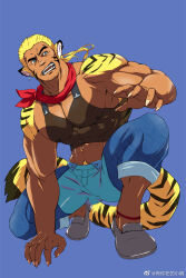 Rule 34 | 1boy, abs, animal ears, bandana, bara, blonde hair, body fur, cropped shirt, dark-skinned male, dark skin, facial hair, fangs, fingernails, fishnet top, fishnets, gluteal fold, goatee stubble, hand on floor, hand up, kito (clamp5656), large pectorals, long hair, looking to the side, male focus, mature male, muscular, muscular male, original, pants, pants rolled up, pectoral cleavage, pectorals, see-through, sharp fingernails, sidepec, solo, squatting, stomach, stubble, tail, thick eyebrows, thick tail, thick thighs, thighs, tiger boy, tiger ears, tiger stripes, tiger tail