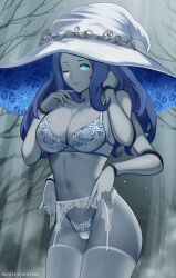 Rule 34 | 1girl, alternate breast size, blue eyes, blue hair, blue skin, bra, breasts, closed mouth, colored skin, commentary, elden ring, english commentary, extra arms, garter straps, hat, highres, hioyami, large breasts, long hair, looking at viewer, navel, one eye closed, panties, patreon username, ranni the witch, solo, standing, thighhighs, underwear, underwear only, white bra, white hat, white panties, witch hat