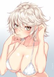 Rule 34 | 10s, 1girl, alternate costume, alternate hair length, alternate hairstyle, bare arms, bare shoulders, bikini, breasts, cleavage, commentary request, green eyes, hair between eyes, highres, kantai collection, large breasts, looking at viewer, micro bikini, nebusoku, short hair, solo, swimsuit, unryuu (kancolle), upper body, white hair