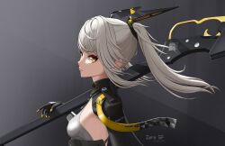 Rule 34 | 1girl, animal ears, artist name, black bodysuit, bodysuit, breasts, grey bodysuit, grey hair, hair intakes, headgear, highres, holding, holding weapon, huge weapon, karenina: scire (punishing: gray raven), karenina (punishing: gray raven), mechanical arms, mechanical hands, orange eyes, punishing: gray raven, rabbit ears, sideboob, solo, twintails, two-tone bodysuit, weapon, zero sf