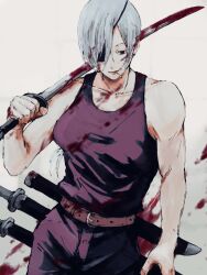 Rule 34 | 1girl, belt, black pants, black tank top, blood, blood on clothes, blood on face, blood splatter, bloody weapon, chainsaw man, cigarette, eyepatch, grey background, holding, holding sword, holding weapon, katana, long hair, looking at viewer, mon star200cc, pants, ponytail, quanxi (chainsaw man), simple background, solo, sword, tank top, weapon, weapon on back, white hair