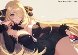 1girl alternate_eye_color bare_shoulders black_dress black_sleeves blonde_hair blue_eyes breasts cleavage commentary_request creatures_(company) cynthia_(pokemon) detached_sleeves dress duplicate game_freak hair_over_one_eye holding holding_poke_ball itzah large_breasts long_hair nintendo pixel_art poke_ball pokemon pokemon_dppt simple_background solo sparkle strapless