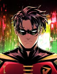 Rule 34 | 1boy, batman (series), black cape, black hair, cape, city lights, cityscape, dc comics, domino mask, green mask, highres, looking at viewer, male focus, mask, red shirt, robin (dc), sergacuna, shirt, short hair, signature, solo, tim drake, two-tone cape, upper body, yellow cape