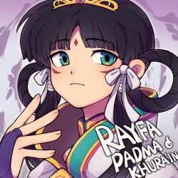 Rule 34 | 1girl, ace attorney, aqua eyes, black hair, blunt bangs, bridal gauntlets, character name, collared shirt, facial mark, forehead mark, frown, hair ribbon, hair rings, hand up, high collar, highres, looking at viewer, multicolored shirt, parted bangs, portrait, purple background, rayfa padma khura&#039;in, ribbon, shirt, solo, spread fingers, white ribbon, yezhi (48693232)