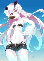 Rule 34 | 10s, 1girl, abyssal ship, alternate costume, anchorage princess, ball, bare shoulders, beachball, bikini, black bikini, breasts, cloud, colored skin, cowboy shot, day, escort fortress (kancolle), gradient background, hand on own hip, highres, ikayaki, imu sanjo, jpeg artifacts, kantai collection, long hair, looking at viewer, mouth hold, navel, pink eyes, short shorts, shorts, signature, sky, small breasts, solo, strapless, swimsuit, underboob, very long hair, white skin