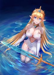Rule 34 | 1girl, absurdres, blonde hair, blue eyes, breasts, cleavage, clothing cutout, crown, elf, highres, kneeling, large breasts, lipgloss, lips, long hair, looking at viewer, mole, mole under eye, navel cutout, original, pointy ears, smile, solo, sword, thighhighs, water, weapon, white thighhighs, xue yue (zero)