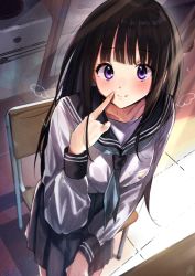 Rule 34 | 1girl, black hair, black skirt, blue neckerchief, blunt bangs, chair, chitanda eru, classroom, finger to mouth, from above, highres, hyouka, indoors, light particles, long hair, long sleeves, neckerchief, pleated skirt, purple eyes, school chair, school uniform, shirt, skirt, smile, solo, taiyaking, white shirt