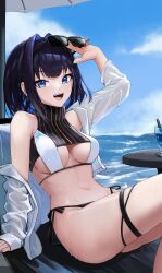 Rule 34 | 1girl, absurdres, adapted costume, alternate costume, anizi, arm support, arm up, bare shoulders, bikini, black-framed eyewear, black bikini, black hair, blue eyes, breasts, cleavage, colored inner hair, day, eyewear on head, glint, hair intakes, highres, hololive, hololive english, long sleeves, looking at viewer, medium breasts, multicolored hair, navel, off shoulder, open clothes, open mouth, open shirt, ouro kronii, outdoors, see-through, shirt, short hair, side-tie bikini bottom, sitting, skindentation, smile, solo, stomach, string bikini, sunglasses, swimsuit, thigh strap, thighs, turtleneck, virtual youtuber, wet, white shirt, zipper