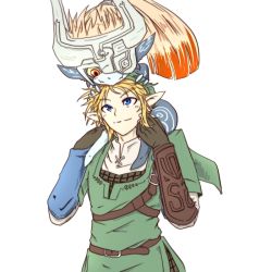 Rule 34 | 1boy, 1girl, 370ml, belt, blonde hair, blue eyes, bracer, carrying, colored sclera, colored skin, eye contact, fangs, gloves, green tunic, light smile, link, looking at another, looking down, looking up, mask, midna, multicolored skin, nintendo, one eye covered, piggyback, pointy ears, ponytail, red eyes, simple background, skin fangs, smile, the legend of zelda, the legend of zelda: twilight princess, two-tone skin, upper body, white background