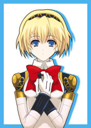 Rule 34 | 1girl, aegis (persona), android, atlus, blonde hair, blue eyes, bow, megumi ryouko, persona, persona 3, ribbon, short hair, solo