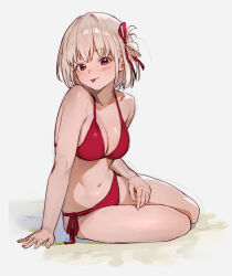 Rule 34 | 1girl, :p, arm support, bare legs, bare shoulders, bikini, blonde hair, blush, breasts, cleavage, collarbone, full body, hair ribbon, highres, large breasts, lycoris recoil, navel, nishikigi chisato, red bikini, red eyes, ribbon, short hair, side-tie bikini bottom, simple background, sitting, smile, solo, sooon, stomach, swimsuit, tongue, tongue out, white background, yokozuwari