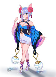 Rule 34 | animal ears, ankle lace-up, arm at side, artist name, blue eyes, breasts, cleavage, closed mouth, clothing cutout, cross-laced footwear, dress, flower, flower knot, full body, hair flower, hair ornament, hand up, high heels, highres, kohanayuki, lace-up heels, light purple hair, long sleeves, medium breasts, mole, mole on breast, navel, navel cutout, original, pointy ears, short dress, short hair, short hair with long locks, sidelocks, standing, tassel, white background, wide sleeves