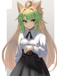 Rule 34 | 1girl, ahoge, alternate costume, animal ears, atalanta (fate), belt, black belt, black ribbon, black skirt, blonde hair, blush, breasts, closed mouth, collared shirt, commentary, fate/apocrypha, fate (series), gradient hair, green eyes, green hair, long sleeves, looking at viewer, multicolored hair, multiple belts, nahu, neck ribbon, ribbon, shirt, shirt tucked in, sidelocks, simple background, skirt, small breasts, smile, solo, upper body