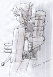 Rule 34 | 10s, 1girl, 2015, artist name, backpack, bad id, bad pixiv id, bag, character name, cowboy shot, cropped legs, dated, female focus, folded ponytail, from behind, graphite (medium), greyscale, highres, inazuma (kancolle), kantai collection, machinery, marker (medium), monochrome, paper background, pemu, pomon illust, school uniform, sketch, skirt, smokestack, solo, standing, torpedo, traditional media, twitter username