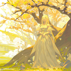 Rule 34 | 1girl, :d, autumn, autumn leaves, bare shoulders, blonde hair, breasts, buttons, choker, commentary request, day, dress, dust cloud, elf, grass, green eyes, itoucon, long dress, long hair, looking away, looking up, medium breasts, nature, open mouth, original, outdoors, own hands together, pointy ears, scenery, shawl, smile, solo, standing, strapless, strapless dress, tiara, tree, under tree, very long hair, white dress, yellow theme