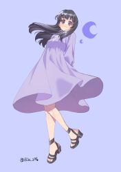 Rule 34 | 1girl, arms behind back, black footwear, black hair, closed mouth, crescent, dot nose, dress, full body, happinesscharge precure!, head tilt, highres, hikawa maria, long hair, looking at viewer, plv 276, precure, purple background, purple dress, purple eyes, purple theme, sandals, simple background, smile, solo, twitter username