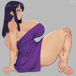 Rule 34 | 1girl, absurdres, ass, black hair, breasts, feet, highres, huge breasts, looking at viewer, medium hair, nezulet, nico robin, one piece, simple background, solo, thick thighs, thighs, towel
