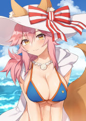 Rule 34 | 1girl, animal ear fluff, animal ears, artist request, bikini, blue bikini, blue sky, blush, breasts, cleavage, closed mouth, cloud, cloudy sky, collarbone, day, ears through headwear, fate/grand order, fate (series), fox ears, fox girl, fox tail, hat, highres, large breasts, light smile, looking at viewer, ocean, outdoors, pink hair, ribbon, side-tie bikini bottom, sky, solo, sun hat, swimsuit, tail, tamamo (fate), tamamo no mae (fate/extra), tamamo no mae (swimsuit lancer) (fate), tamamo no mae (swimsuit lancer) (third ascension) (fate), yellow eyes