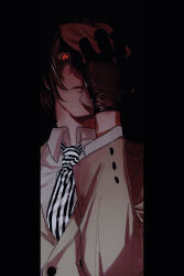 Rule 34 | 1boy, absurdres, akechi gorou, black background, black gloves, brown hair, brown jacket, collared shirt, frown, gloves, glowing, glowing eye, hand on own face, hand over eye, hand up, highres, jacket, kaisen (kaisen inari), long sleeves, looking at viewer, male focus, necktie, open mouth, persona, persona 5, red eyes, shirt, short hair, solo, striped necktie, upper body, vertical-striped clothes, vertical-striped necktie, white shirt