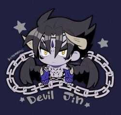 Rule 34 | 1boy, arms at sides, black hair, black wings, blue gloves, chain, character name, chibi, closed mouth, colored skin, devil jin, facial mark, forehead jewel, gloves, grey horns, grey skin, horns, kazama jin, kotorai, limited palette, male focus, short hair, shoulder tattoo, signature, solo, studded gloves, tattoo, tekken, thick eyebrows, v-shaped eyebrows, wings, yellow eyes