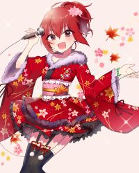Rule 34 | 10s, 1girl, brown eyes, collarbone, dress, floral print, flower, frilled dress, frills, fur collar, garter straps, gradient background, hair flower, hair ornament, idolmaster, idolmaster cinderella girls, japanese clothes, leaf, lolita fashion, looking at viewer, maple leaf, microphone, murakami tomoe, open mouth, ponytail, red hair, smile, solo, thighhighs, wa lolita, wide sleeves, yuyupo