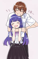 Rule 34 | 1boy, 1girl, :d, age difference, blunt bangs, bow, bowtie, breast pocket, brown hair, closed eyes, collared shirt, dated, dotted background, dress shirt, furude rika, hair between eyes, hand around neck, hands on another&#039;s arms, hands on own hips, higurashi no naku koro ni, ito fumi, long hair, maebara keiichi, open mouth, pleated skirt, pocket, purple hair, school uniform, shirt, short hair, short sleeves, skirt, smile, suspender skirt, suspenders, teenage boy and younger girl, teeth, white shirt